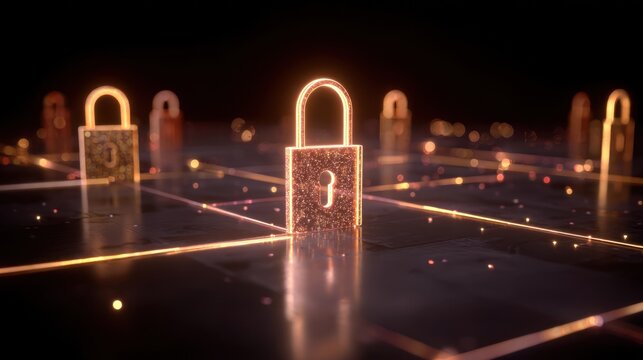 Digital Security Concept - Glowing Padlocks Connected by Network Lines.