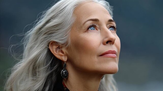A Moment of Contemplation: An elegant older woman with flowing gray hair gazes skyward, her expression filled with serenity and contemplation, suggesting wisdom and introspection.