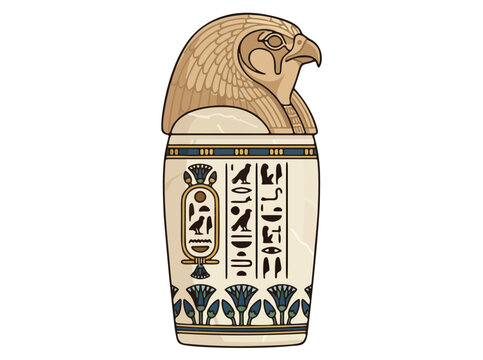 Ancient egyptian canopic jar with falcon head and hieroglyphic symbols