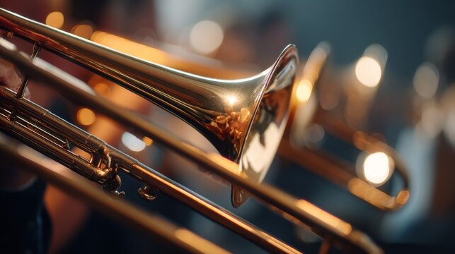 Close-up of brass trombones shining in warm stage lights during a performance.