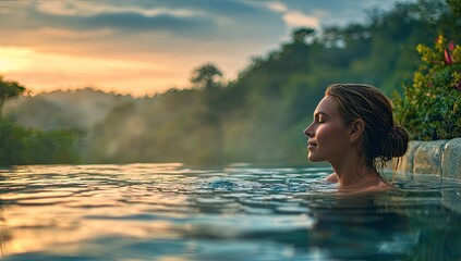 Fototapeta premium A serene woman enjoys a tranquil moment in a luxurious infinity pool overlooking a lush, misty landscape at sunset.