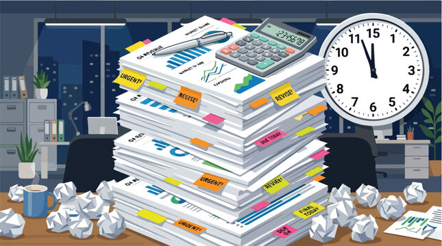 Overworked office worker drowning in stacks of documents and crumpled paper late at night with a clock showing it's almost midnight