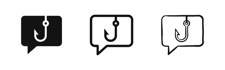 Phishing Icon Set - Fishing Hook in Chat Bubble for Cyber Security Alert © drawing lines