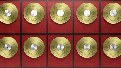 Fototapeta premium Endless golden vinyl records, Music records background, Audio albums on classic vinyl 3