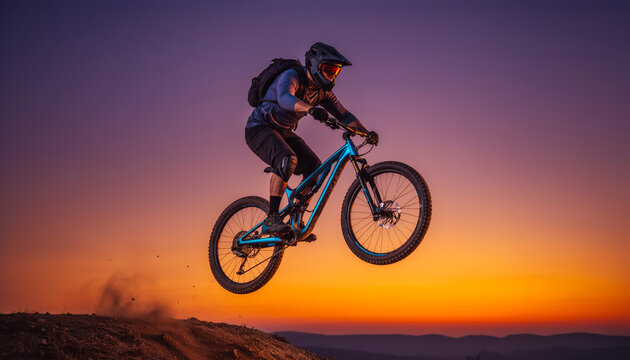 cinematic silhouette of mountain biker jumping high in the air during vibrant orange and purple sunset with spectacular sky background for extreme sports and outdoor adventure lifestyle concept