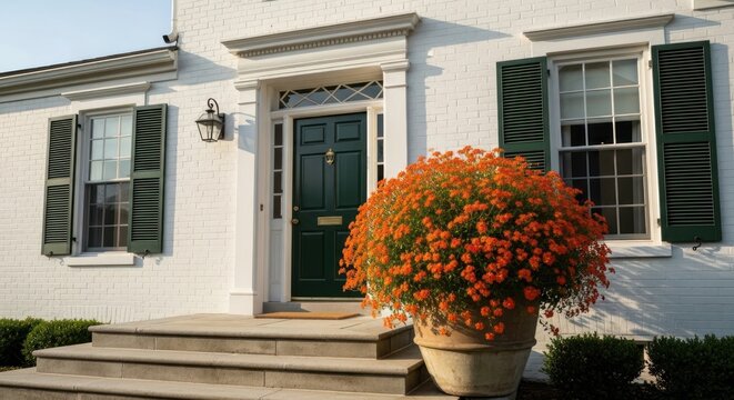 white house with green door and orange flowers