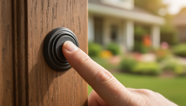 close up of human finger pressing a modern black doorbell button on wooden entrance door with blurred house and garden background for smart home security and visitor arrival concept