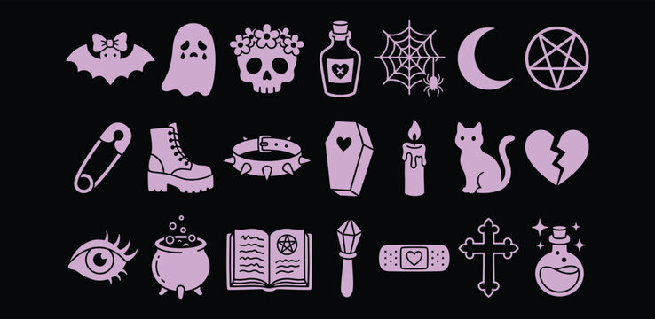 Pastel Goth Vector Icon Set for Aesthetic Alternative Fashion and Digital Design