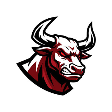 Illustration of an angry bull's head with red eyes and sharp horns, representing power and strength