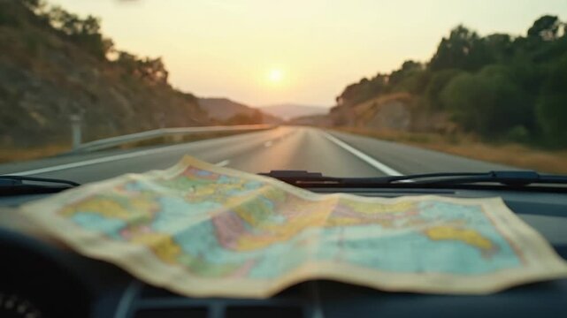 Road Adventure: Travel map spread across car dashboard along highway route
