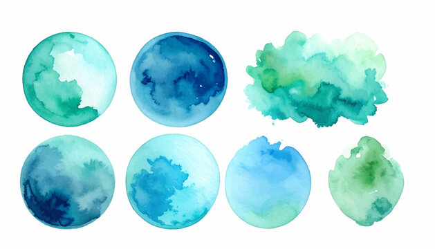 Collection of diverse watercolor circles and organic shapes in tranquil blue and vibrant green hues, showcasing artistic washes and fluid paint textures