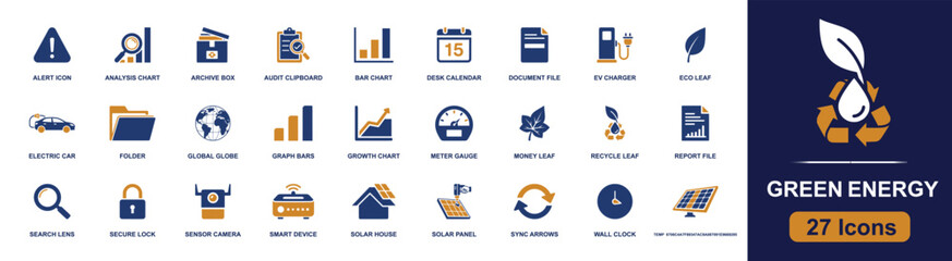 Green energy icon set. Containing solar panel, EV charger, electric car, eco leaf, recycle leaf, smart hub, growth chart, globe, solar house, search lens and more. Solid fill vector icons. © Sadam