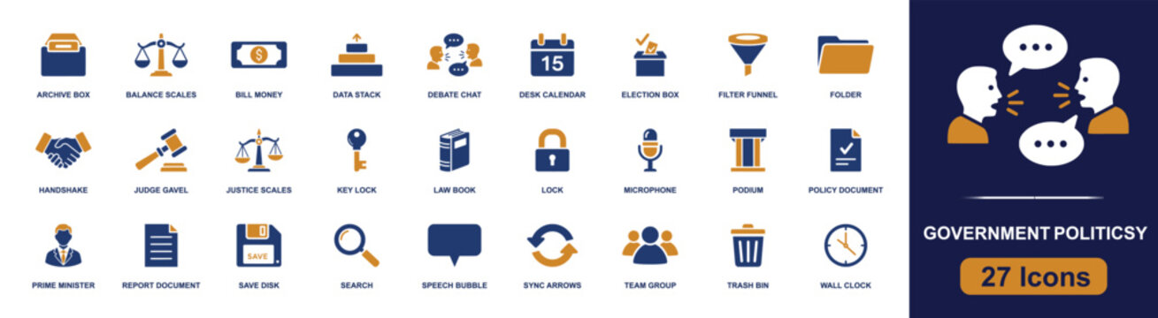 Government policy icon set. Containing balance scales, election box, podium, law book, policy document, debate chat, handshake, prime minister, team group and more. Solid fill vector icons.