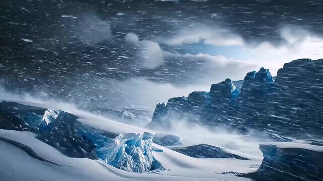 Arctic blizzard with horizontal snow over polar ice landscape