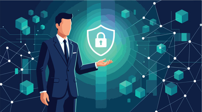 Businessman protecting digital data with a shield and padlock icon in a network background 2D flat illustration for cybersecurity concepts