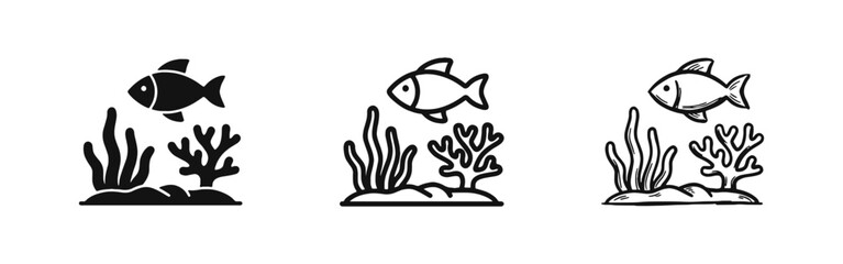 Underwater Sea Life Icon Set with Fish and Coral Reef - Marine Nature and Ocean Environment Design © drawing lines