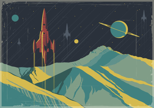 Space Journey Retro Futurism Poster, Old Cosmic Style Vector Illustration. Space Rocket, Unknown Planet Landscape, Aged Textured Frame