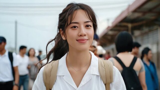 Smiling Woman amidst City Travelers: A young woman, radiating a warm smile, navigates through a bustling city environment, embodying a sense of purpose and confidence.