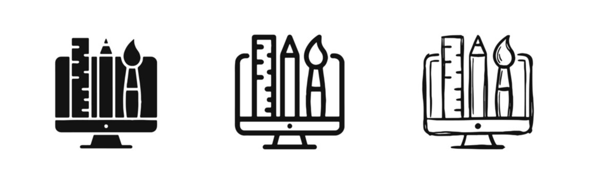 Digital Graphic Design Icon Set with Computer Monitor Ruler Pencil and Brush - Creative Art and Web Design