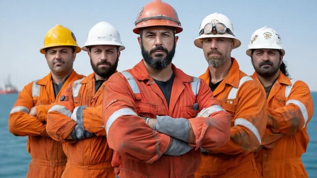 Engineers Team Standing Together: A determined team of engineers, clad in safety attire, standing shoulder-to-shoulder, exuding confidence and collaboration, highlighting their readiness for the task.