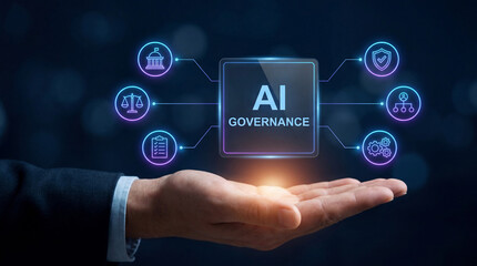 Fototapeta premium AI Governance concept with glowing digital interface, artificial intelligence regulation, compliance and technology oversight system
