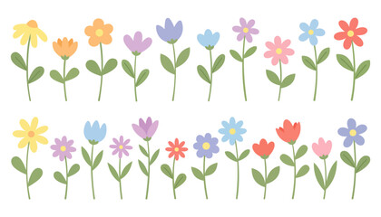 Cute spring and summer flower set with colorful floral clipart and green leaves, simple botanical elements collection for greeting cards, Mother's Day, Women's Day, Easter and seasonal design © Palash