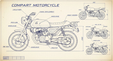 Technical Drawing of a Compart Motorcycle with Dimensions and Views. © Qtyp