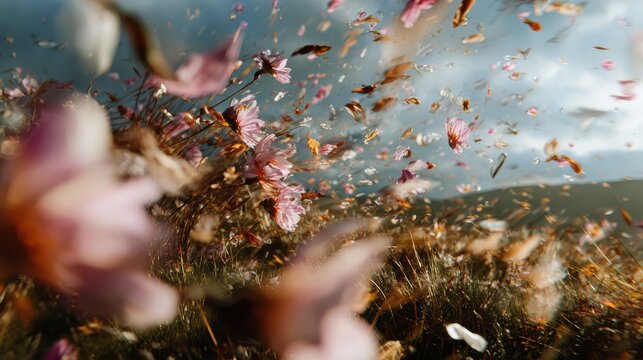 Ephemeral Bloom: A mesmerizing spectacle unfolds as delicate petals and fragments dance wildly amidst a tempestuous sky and rugged terrain. Capturing nature's fleeting beauty.