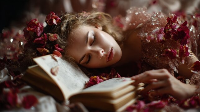 Serene Dreamer: A woman rests peacefully, cradled in a bed of rose petals, with an antique book gently resting on her open hand, whispering tales of dreams and relaxation. 