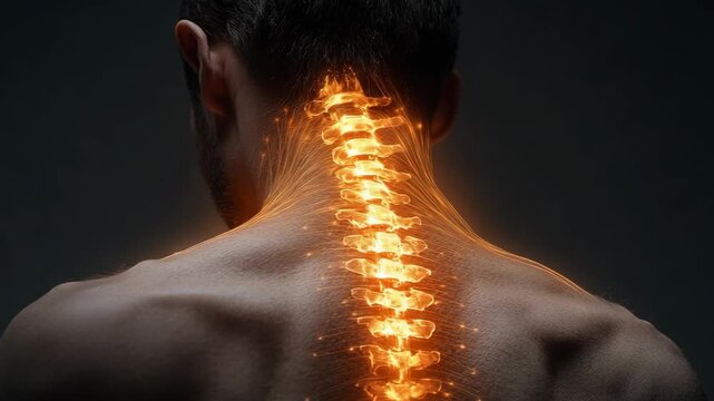 selective focus spine pain concept with glowing vertebral column