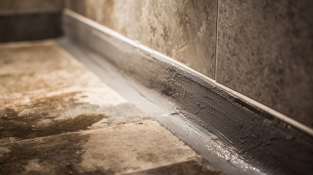 Close-up of shower floor-to-wall joint with waterproofing sealant applied, showing tile, grout, and sealed corner to prevent water infiltration.