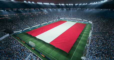 Professional Stadium Soccer Game Championship With Flag of Austria Spread Across the Pitch Before Football Match Start. Cheering Crowds of Fans Surround the Field. Aerial Wide Shot © Gorodenkoff
