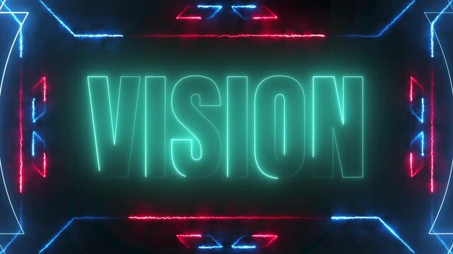 Glowing VISION neon text typography with futuristic red and blue borders and vibrant dynamic lighting on a dark flint stone surface, 4k video