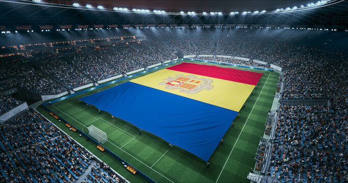 Professional Stadium Soccer Game Championship With Flag of Andorra Spread Across the Pitch Before Football Match Start. Cheering Crowds of Fans Surround the Field. Aerial Wide Shot