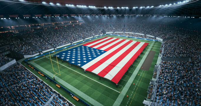 Professional Stadium Soccer Game Championship With Flag of United States Spread Across the Pitch Before Football Match Start. Cheering Crowds of Fans Surround the Field. Aerial Wide