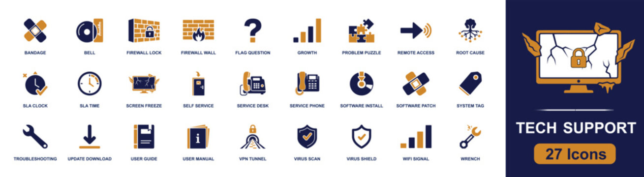 IT support icon set. Containing firewall, remote access, help desk, software patch, troubleshooting, update download, VPN tunnel, virus shield, user manual and more. Solid fill vector icons.