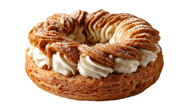 Individual Paris Brest cake portion with cream and pastry layers