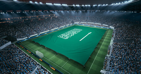 Professional Stadium Soccer Game Championship With Flag of Saudi Arabia Spread Across the Pitch Before Football Match Start. Cheering Crowds of Fans Surround the Field. Aerial Wide Shot © Gorodenkoff