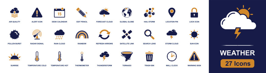 Weather forecast icon set. Containing air quality, forecast cloud, hail storm, location pin, radar, rain cloud, satellite link, thunderstorm, tornado and more. Solid fill vector icons. © Sadam
