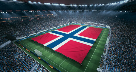 Professional Stadium Soccer Game Championship With Flag of Norway Spread Across the Pitch Before Football Match Start. Cheering Crowds of Fans Surround the Field. Aerial Wide Shot © Gorodenkoff