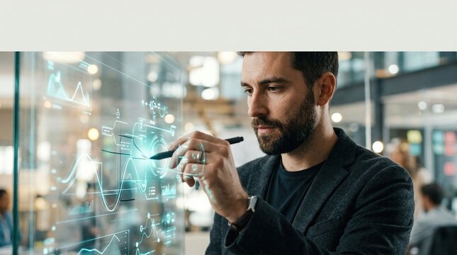 Holographic interface digital screen business man data analysis futuristic office technology analytics innovation virtual display creative professional working with holographic interface modern