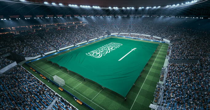 Professional Stadium Soccer Game Championship With Flag of Saudi Arabia Spread Across the Pitch Before Football Match Start. Cheering Crowds of Fans Surround the Field. Aerial Wide Shot