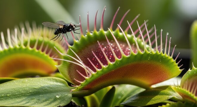 &ldquo;Create a detailed scene of a Venus flytrap snapping shut on an insect, highlighting the natural &lsquo;trigger hair&rsquo; mechanism and how the plant acts like a living trap.&rdquo;
