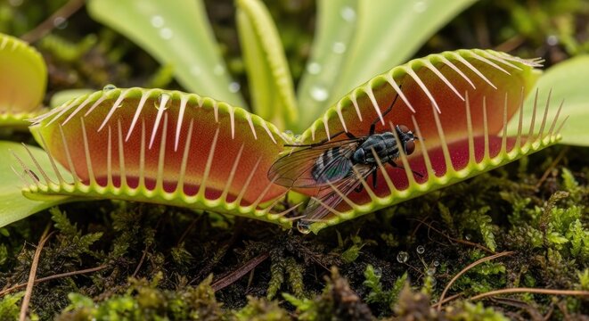 &ldquo;Create a detailed scene of a Venus flytrap snapping shut on an insect, highlighting the natural &lsquo;trigger hair&rsquo; mechanism and how the plant acts like a living trap.&rdquo;
