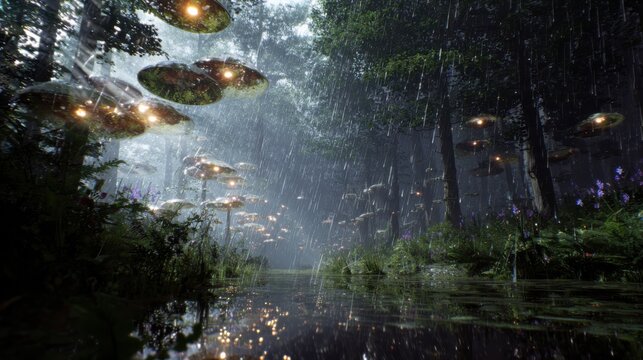 Enigmatic Floating Lights: A surreal scene unfolds as an array of glowing, unidentified objects hover above a tranquil body of water within a rain-swept forest.