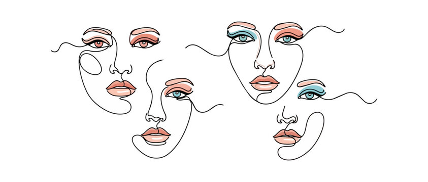 Abstract faces line art composition on black background