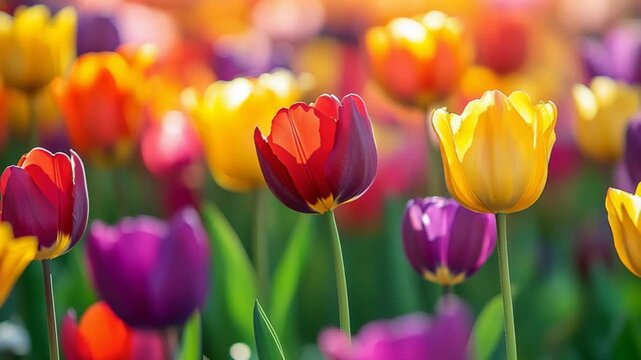 selective focus multicolored tulips in beautiful spring garden landscape