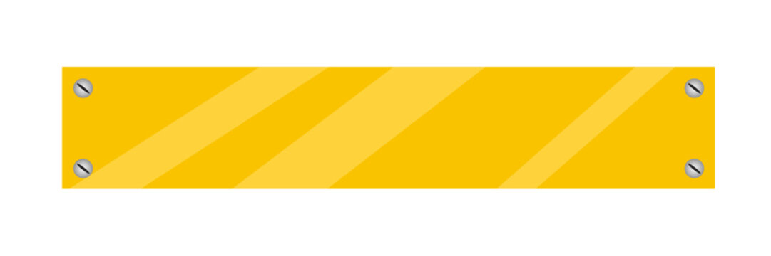 Yellow construction sign board with metal screws isolated on white background, blank industrial warning banner template