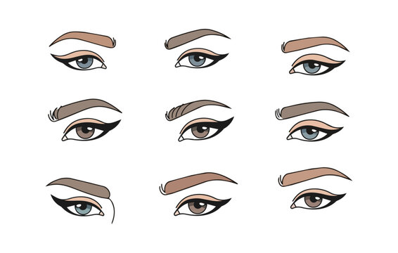 Eyes illustrations with different makeup styles and eyebrow shapes