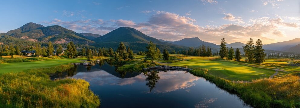 A panoramic view captures a lush golf course nestled amidst towering mountains and a serene lake reflecting the warm hues of a setting sun.
